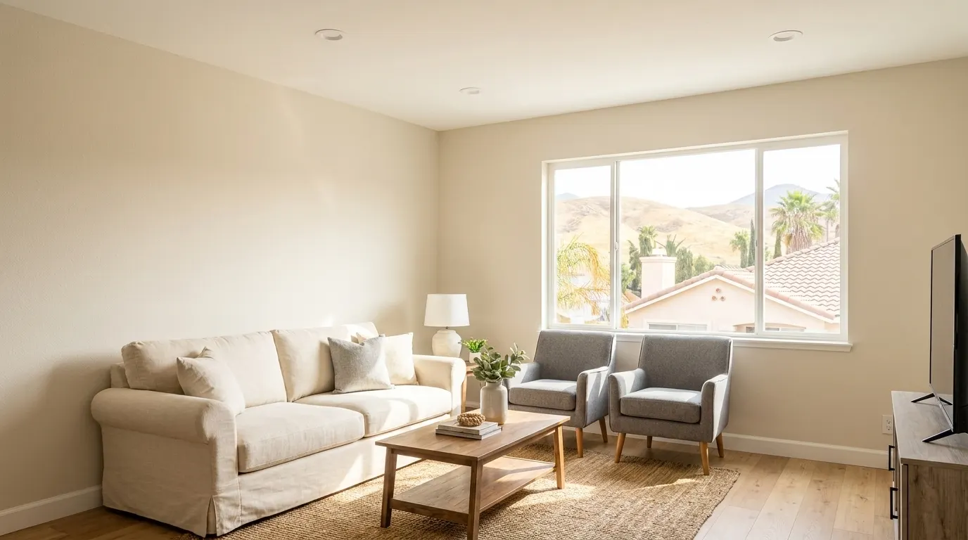 Same living room fully rebuilt and restored after fire damage