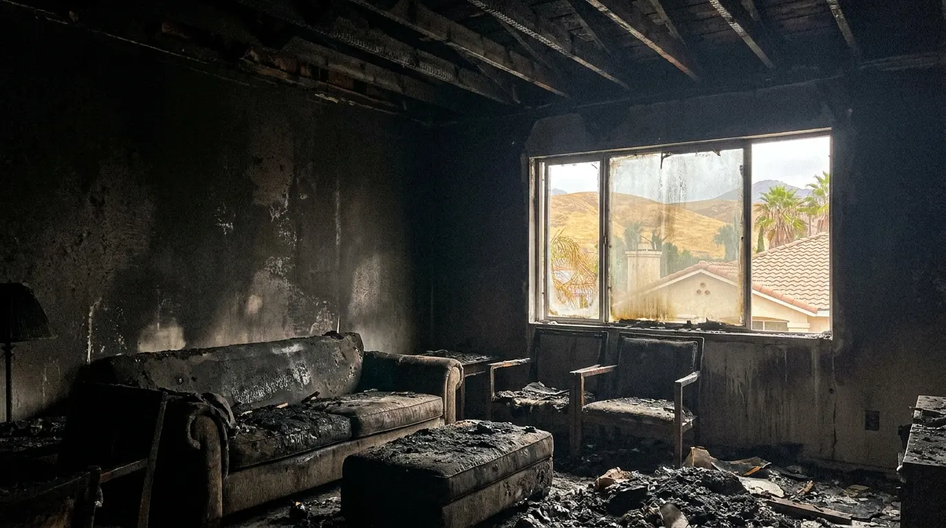 Living room with severe fire damage and charred walls before restoration