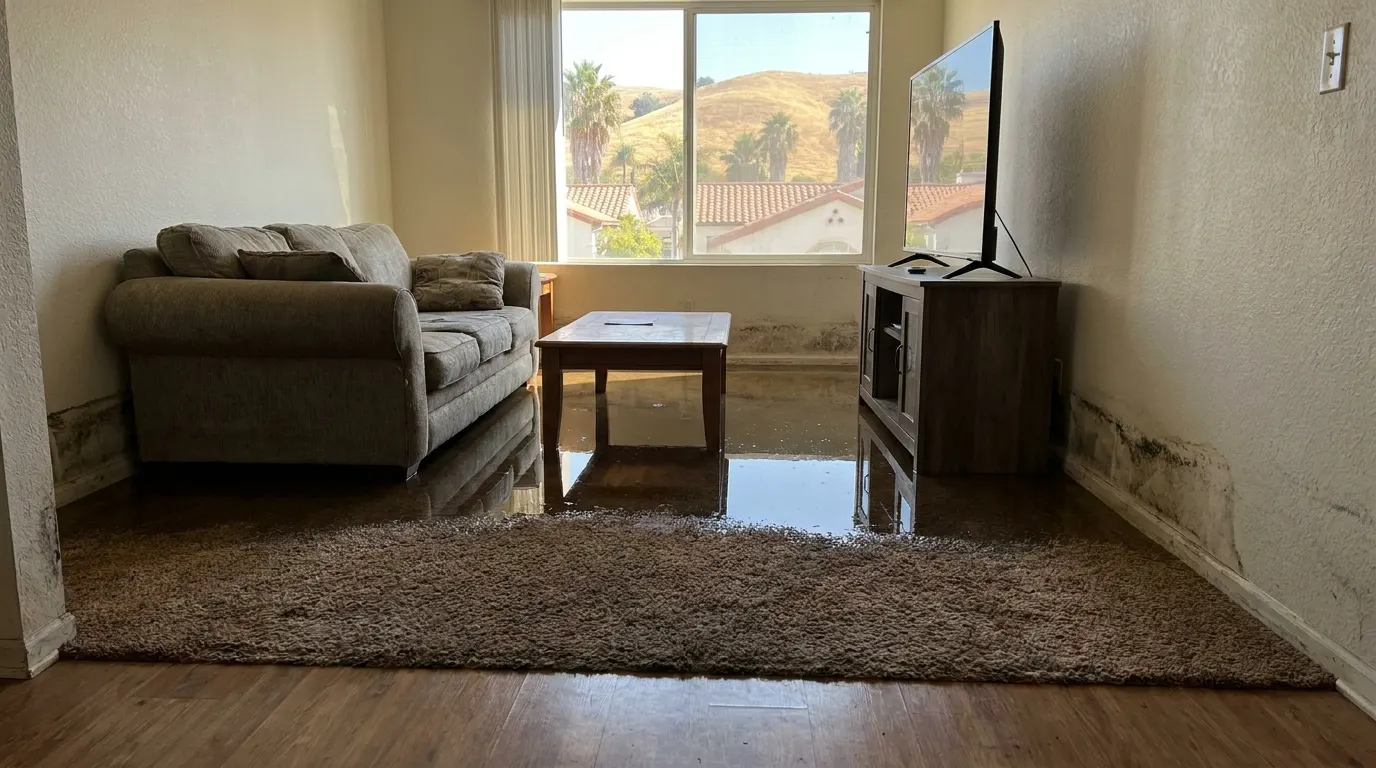 Flooded living room with standing water before restoration